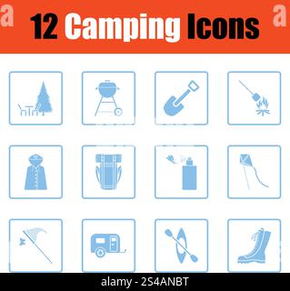 Camping-Symbolsatz. Camping-Symbolsatz. Blaues Rahmendesign. Vektorabbildung. Stock Vektor