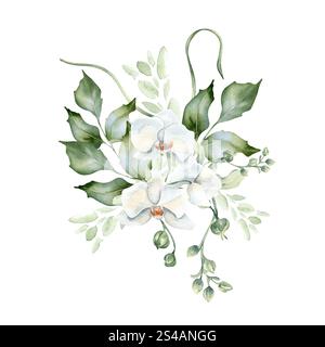 Grüner Blumenstrauß aus stechpalmen-Zweigen und Orchideenblüte zarte Aquarellillustration isoliert. Blattwerk gekräuselter Zweige, handgezeichnet in weichem Grün Stockfoto