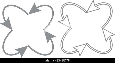 Vier Pfeile in der Symbolgruppe „Loop in“ und „From Center“ (von Mitte). Vier Pfeile im Symbol „Schleife in“ und „von Mitte“. Es ist grau gesetzt. Stock Vektor