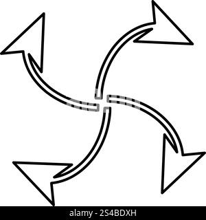 Vier Pfeile in Schleife von der Mitte schwarzes Symbol. Stock Vektor