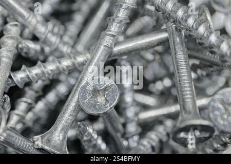 Viele verzinkte Schrauben, Nahaufnahme. Abstrakter Hintergrund für die Heimwerker- oder Bauindustrie. Stockfoto