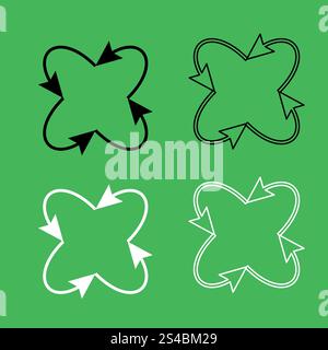 Vier Pfeile im Loop in und von Mitte Symbol Schwarz-weiß-Farbsatz . Vier Pfeile im Symbol „Schleife in“ und „von Mitte“ . Schwarz-weiß-Farbset. Stock Vektor