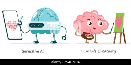 KI-Gehirn vs. Menschliches Gehirn in Zeichnung und Malerei. Zeichentrickfigur . Vektor . Stock Vektor