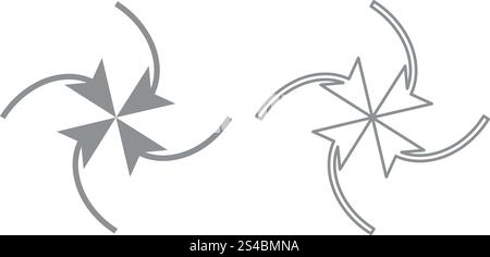 Vier Pfeile im Symbol „Schleife in der Mitte“. Graues Set .. Vier Pfeile im Symbol „Schleife in der Mitte“. Es ist grau gesetzt. Stock Vektor