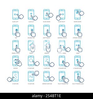 Touchscreen-Handgesten für Smartphones umreißen den Symbolsatz. Touchscreen-Handgesten für Smartphones umreißen den Symbolsatz. Symbol des Bildschirms für Gesten, Gestenpunkt-Smartphone, Gestendarstellung drücken Stock Vektor
