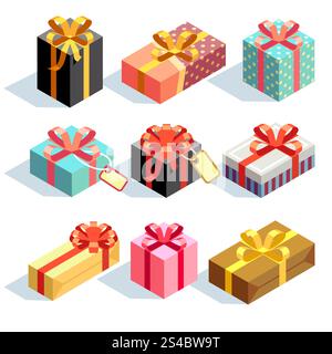 Geschenk- und Geschenkboxen. Geschenksymbole und Geschenkboxen. Geschenk- und Geschenkboxen mit Schleifenschleifen. Symbole für isometrische 3D-Vektoren Stock Vektor