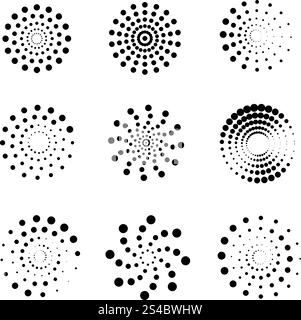 Abstrakt gepunktete Spiralen Vektorsatz. Abstrakt gepunktete Spiralen Vektorsatz. Gepunktete Whirlpoolspirale, gepunktete Spiralspirale, kreative Spiralbewegung Illustration Stock Vektor