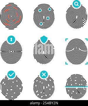 Fingerabdruck-Vektorsymbole. Fingerabdrücke oder Fingerabdrücke der Identität. Fingerabdruck-Vektorsymbole. Fingerabdruck- oder Daumenabdruck-Set, biometrische Sicherheitssymbole Stock Vektor