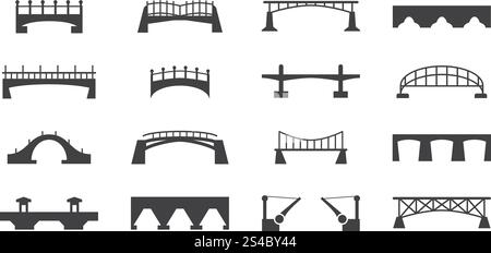 Vektor-schwarze Brücken Ikonen isoliert auf weißen Stadtbausilhouetten. Vektor-Schwarz überbrückt Symbole auf weißem Hintergrund. Städtische Brückenbau-Silhouetten, Illustration von festgesetzten Brücken für den Transport Stock Vektor