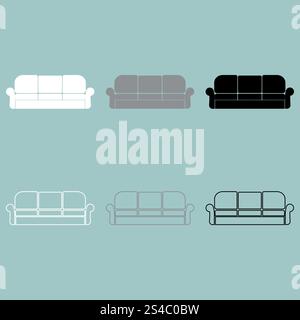 Divan oder Sofa weißes graues schwarzes Symbol. Divan oder Sofa weiß grau schwarz Symbol Set. Stock Vektor