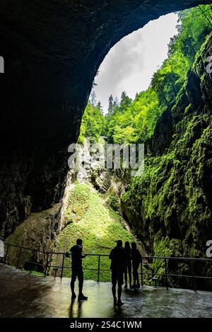 Besucher bewundern den atemberaubenden Macocha Abgrund, ein Naturwunder im Mährischen Karst. Üppiges Grün und hoch aufragende Klippen sorgen für einen beeindruckenden Blick, während Wolken über sich ziehen. Stockfoto