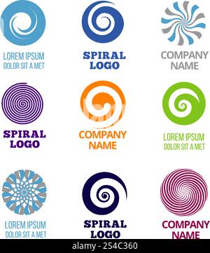 Vektorsatz für Spirallogos und Swirl-Logos. Vektorsatz für Spirallogos und Swirl-Logos. Spiraletikett des Firmennamens, Abzeichen-Logo Spiralfarbe, Emblem-Farbe Business-Logo, spiralförmige oder wirbelförmige zyklische Illustration Stock Vektor