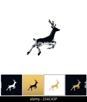 Hirschsilhouette oder Rentiervektorsymbol. Hirschsilhouette oder Rentiervektorsymbol. Hirschsilhouette oder Rentier-Piktogramm auf schwarzem, weißem und goldenem Hintergrund Stock Vektor