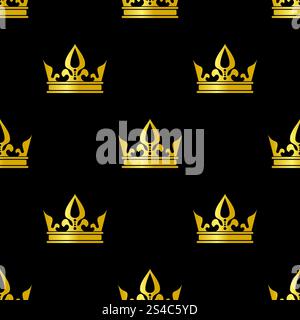 Goldene Kronen schwarzes nahtloses Vektor-Muster. Goldene Kronen isoliert auf schwarzem Hintergrund Vektor nahtlose Muster Illustration Stock Vektor