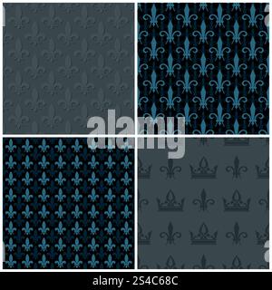 Vektorkronen und Fleur de Lis nahtlose Muster Set. Dunkle Vektorkronen und Fleur de Lis nahtlose Muster Set. Dekoration Hintergrund königliche Illustration Stock Vektor