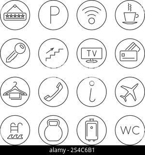 Hotel Services Linie dünne Vektor-Symbole gesetzt. Hotelservice Linie dünner Vektor. Set von Symbolen für Hotelservice, Illustrationsschilder, Parkplätze und Internet-Hotelservices Stock Vektor