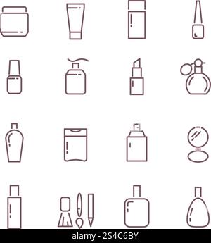Dünne Konturvektorsymbole für Kosmetikverpackungsflaschen gesetzt. Dünne Konturvektorsymbole für Kosmetikverpackungen. Set von kosmetischen Produkten in linearer Form und Illustration von Kollektionskosmetik für die weibliche Pflege Stock Vektor