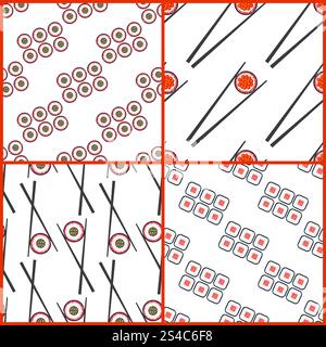 Sushi und Essstäbchen Vektor nahtlose Muster Set. Sushi und Essstäbchen Vektor nahtlose Muster Set. Sammlung von Hintergründen für die Illustration von Restaurants Stock Vektor
