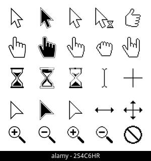 Verschiedene Vektorsätze für glatte und Pixel-Mauszeiger. Verschiedene Vektorsätze für glatte und Pixel-Mauszeiger. Pixel-Cursor-Maus, Illustrationspfeil-Cursor Stock Vektor
