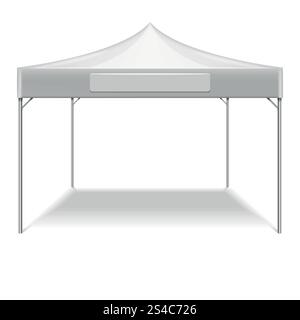 Realistisches weißes faltendes Partyzelt im Freien Vektor-Modell. Realistisches weißes Klappzelt für Outdoor-Party im Garten. Vektor-Mockup-Zelt zum Schutz vor Sonne. Illustration Zelt isoliert auf weißem Hintergrund Stock Vektor