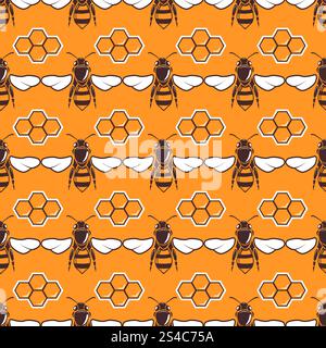 Bienen, Honigvektor nahtloses Muster in Braun und Orange. Bienen, nahtloses Muster des Honigvektors in brauner und orangener Farbe, Wabenillustration Stock Vektor