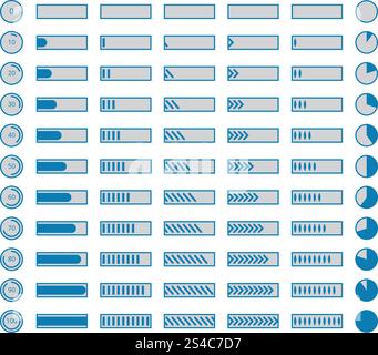 Fortschrittsbalken, Vektorsammlung von Preloader. Fortschrittsbalken, Vorladervektor. Sammlung von Indikatoren Fortschritt zum Herunterladen, Abbildung Satz von Fortschrittsbalken Stock Vektor