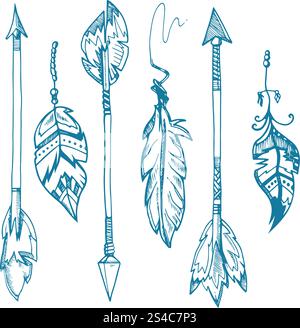 Amerikanische indianer Federpfeile Vektor Set, alte Stammesfedern Hipster Dekoration. Amerikanische indianer Federpfeile Vektor Set, alte Stammesfedern Hipster Dekoration. Hipster-Vintage-Pfeil-Illustration Stock Vektor