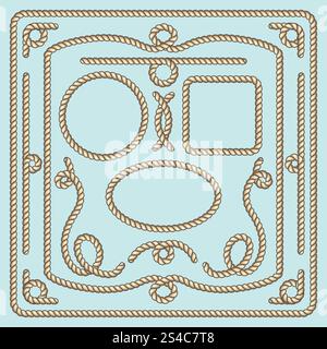 Seilrahmen, Knoten und Ecken. Dekorative Vektorelemente. Seilrahmen, Knoten und Ecken. Seil nautisch, Seil stark, Seilschlaufe, Seeseil. Vektorillustration dekorative Elemente Stock Vektor