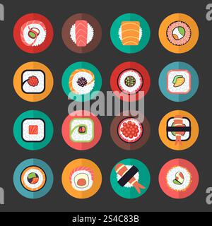 Japanisches Essen Sushi Icons Vektor Illustration Set. Japanisches Essen Sushi Icons Vektor Illustration Set. Meeresfrüchte-Menü Stock Vektor