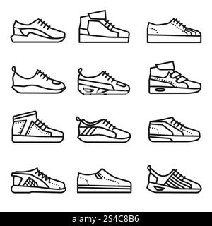 Sneakers, Laufschuhe Vektorsymbole mit dünnen Linien. Sneakers, Laufschuhe Vektorsymbole mit dünnen Linien. Lineare Gruppe von Schuhen Illustration Stock Vektor