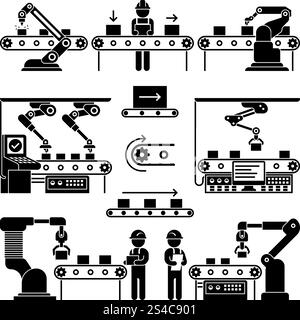 Vektorsymbole für Förderanlagen und Arbeiter. Vektorsymbole für Förderanlagen und Arbeiter. Schwarze Silhouette der Prozessautomatisierung auf der Werksdarstellung Stock Vektor