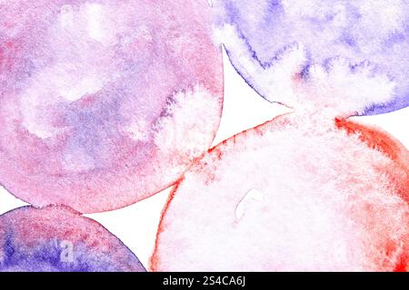 Abstrakte Aquarellkreise in sanften Pastellfarben mit roten, rosa und blauen Texturen. Stockfoto