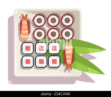 Japanisches Sushi über einem Teller Vektor Illustration. Japanisches Sushi über einem Teller Vektor Illustration. Köstliches traditionelles Essen mit Essstäbchen Stock Vektor