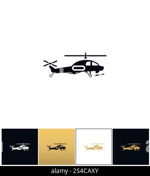Hubschraubervektorsymbol. Hubschraubervektorsymbol. Hubschrauberpiktogramm auf schwarzem, weißem und goldenem Hintergrund Stock Vektor