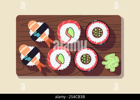 Japanisches Sushi über einem Teller Vektor Illustration. Japanisches Sushi über einem Teller Vektor Illustration. Sushi-Essen im Restaurant Stock Vektor