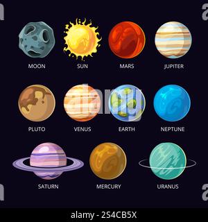 Planeten des Sonnensystems Vektor Cartoon auf dunklem Himmel Raum Hintergrund. Planeten des Sonnensystems Vektor Cartoon auf dunklem Himmel Raum Hintergrund. Mars und Pluto, neptun und venus, uranus und saturn Illustration Stock Vektor