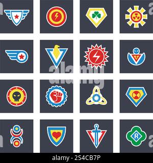 Superhelden Farbvektorabzeichen, Embleme, Logos. Superhelden Farbvektorabzeichen, Embleme, Logos. Superhelden-Abzeichen, Power und Protect-Abzeichen für Superhelden-Illustration Stock Vektor
