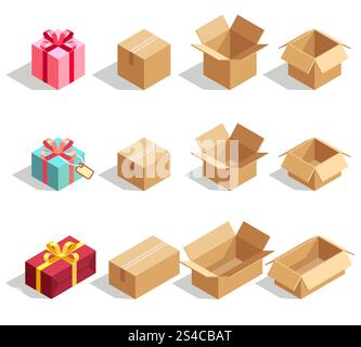 Geschenkkartons aus Pappe geöffnet und geschlossen. Isometrische 3D-Vektorsymbole für Infografiken. Pappe und Geschenkkartons geöffnet und geschlossen. Isometrische 3D-Vektorsymbole für Infografiken. Pappschachtel, Geschenkschachtel und Verpackung Karton Box Vektor Illustration Stock Vektor
