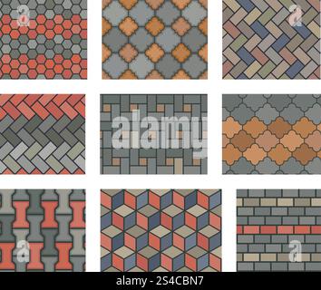 Nahtlose Steinfliesen Pflastervektor Set. Elemente des Landschaftsdesigns. Nahtlose Steinfliesen Pflastervektor Set. Elemente des Landschaftsdesigns. Muster Steinpflaster und Illustrationsfliesen Steinwand Stock Vektor