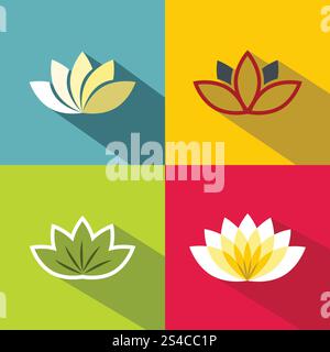 Farbe flache Blumen mit dunklem, langem Schatten auf dem Hintergrund. Farbe flache Blumen mit dunklem langem Schatten auf farbigem Hintergrund. Set mit bunten Blumen. Vektorabbildung Stock Vektor