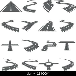 Vektorsatz für gekrümmte Straßen. Vektorsatz für gekrümmte Straßen. Asphaltstraße oder Weg und Kurve Straße Autobahn für Transport Illustration Stock Vektor