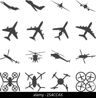 Flugzeuge, Hubschrauber, Drohnen, schwarze Vektorsymbole. Flugzeuge, Hubschrauber, Drohnen, schwarze Vektorsymbole. Set aus Flugzeug Quadrocopte und Hubschrauber. Illustration des Militärflugzeugs Stock Vektor