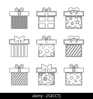 Geschenkboxen Vektorsymbole in Schwarzweiß gesetzt. Geschenkboxen Vektorsymbole in Schwarzweiß gesetzt. Lineare Darstellung Stock Vektor