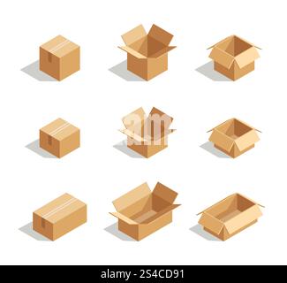 Offene Kästchen Set 3D isometrisch. Offene Kästchen Set 3D isometrisch. Verpackungselement für Lieferung, Vektordarstellung Stock Vektor