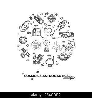 Planeten-, Raum- und Raketenvektorsymbole. Planeten-, Raum- und Raketenvektorsymbole. Komet und Asteroid im Weltraum, Reise Flug Weltraum kosmische Illustration Stock Vektor