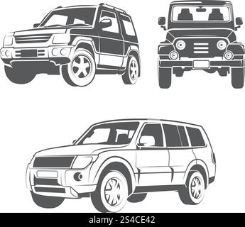 Vektorelemente für Geländewagen-Embleme, -Etiketten und -Abzeichen. Vektorelemente für Geländewagen-Embleme, -Etiketten und -Abzeichen. Auto-suv-Fahrzeug, Transport-suv-Auto, Design-Transport-suv-Auto-Illustration Stock Vektor