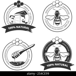 Vintage-Honig- und Bienenvektoretiketten, Abzeichen, Embleme, Logos Set. Vintage-Honig- und Bienenvektoretiketten, Abzeichen, Embleme, Logos Set. Süßer Honig-Emblem und Bio-Honigfarm-Label-Illustration Stock Vektor