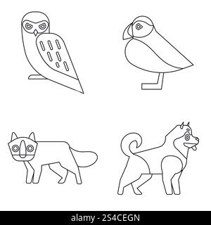 Polartiere im Linienstil auf weißem Hintergrund. Polartiere im Linienstil auf weißem Hintergrund. Wilde Tiere Eule und Fuchs. Vektorabbildung Stock Vektor