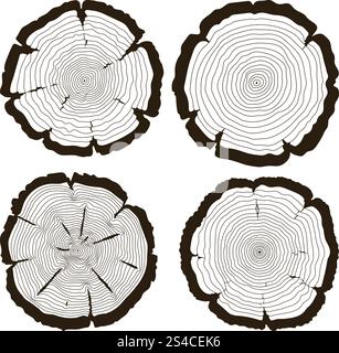 Vektor-Baum Ringe und Säge geschnitten Stamm Set. Vektor-Baum Ringe und Säge geschnitten Stamm Set. Konzentrischer und linearer monochromer Baumstamm, Illustration Stock Vektor
