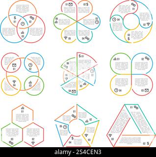 Vektorlinien Kreis, dreieckige, sechseckige, fünfeckige Business-Infografiken. Vektorlinienkreis, dreieckig, sechseckig, fünfeckig Business Infografiken Diagramme Diagramme Set mit 3, 4, 5, 6 Optionen, Teile, Schritte. Illustration lineare Infografik für Unternehmen Stock Vektor